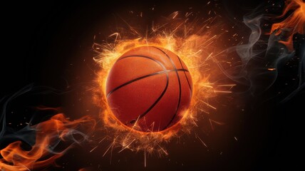 An intense image of a glowing basketball surrounded by flames and smoke, symbolizing energy and passion for the game.