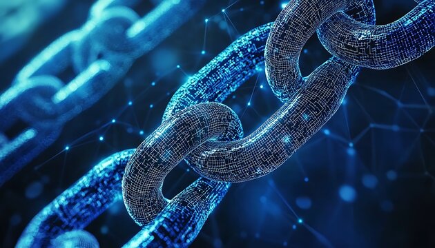 Blockchain network concept, illustrating distributed ledger technology with a blue background, highlighting computer connections