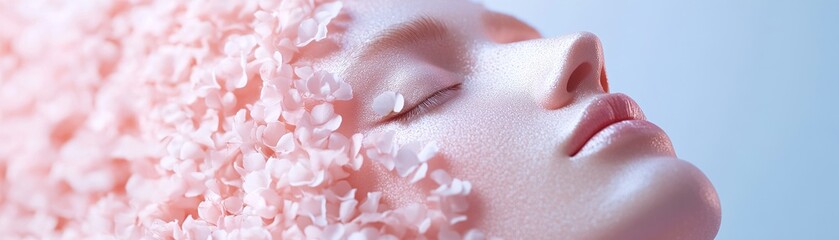 Fototapeta premium A softly illuminated face gradually transforms into a delicate mist of floating petals. This enchanting display symbolizes beauty and self-transformation in a serene setting
