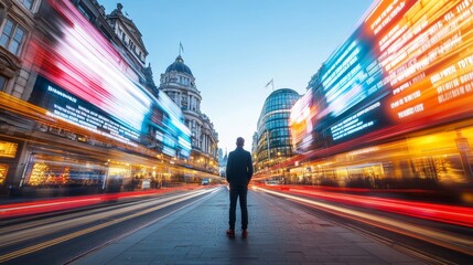 Fototapeta premium Man Standing in City Street at Dusk with Motion Blur and Illuminated Signs