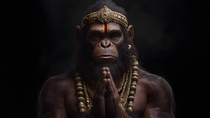 Meditative Monkey Deity: A portrait of a primate-like figure with ornate jewelry and a serene expression, evoking spiritual themes.
