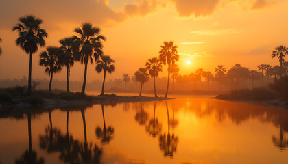 Tropical sunset reflecting over a river with silhouetted palm trees along the shore