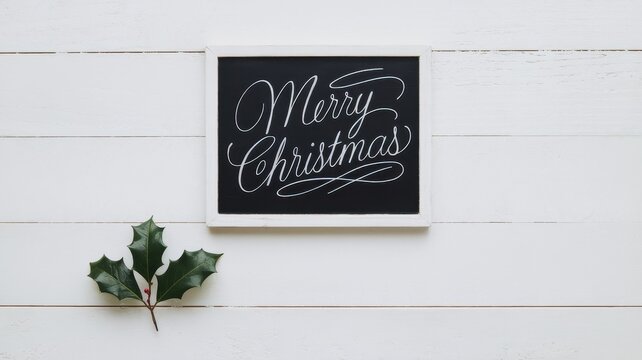A beautifully styled chalkboard displaying 'Merry Christmas' alongside a sprig of holly, evoking a festive and warm holiday spirit.
