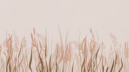 Fototapeta premium A delicate illustration of soft, earthy-toned plants and grass swaying gently in a minimalist setting, creating a serene and inviting atmosphere.