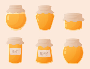 honey jar, set of objects, honey in a glass jar, sweet nectar, healthy food, design elements, stickers, vector illustration