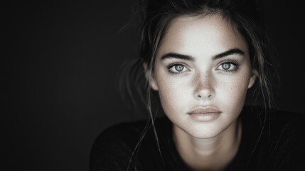 Woman's portrait, serious expression, dark background, beauty