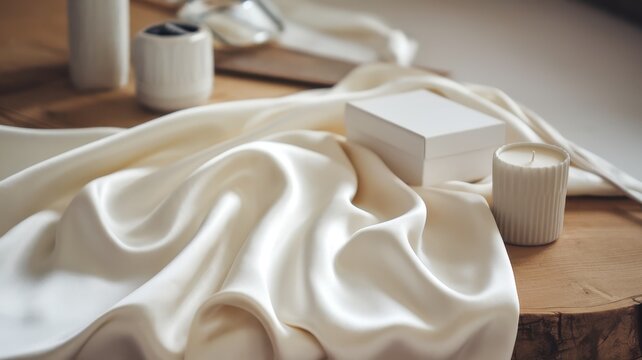 An elegant still-life scene featuring smooth ivory satin draped over a wooden surface, accompanied by candles and a small white gift box. - Powered by Adobe