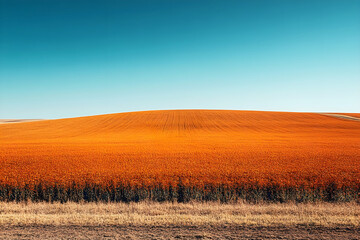 Obraz premium Vast golden field stretching over rolling hills under a clear blue sky. The rich warm tones of the landscape contrast beautifully with the crisp horizon