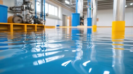 Blue water surface, ripples in an industrial setting, equipment in the background, yellow and blue posts visible.
