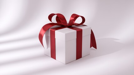 Obraz premium A beautifully wrapped gift box with a red satin ribbon, elegantly placed on a soft white surface, exuding an air of anticipation and celebration.