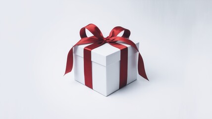 Obraz premium A beautifully wrapped white gift box adorned with a vibrant red ribbon and bow, perfect for celebrations and special occasions.