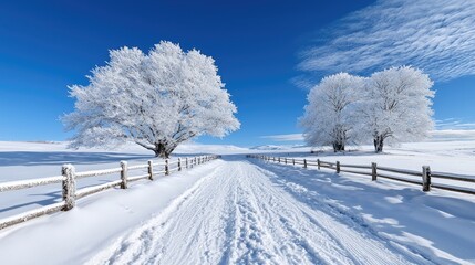 Obraz premium Snowy road between frosty trees, winter landscape, peaceful scene, postcard