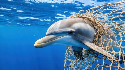 A dolphin is entangled in a fishing net, in the clear blue ocean, its expression concerned.