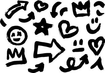 Grunge ink brush strokes elements. Black paint brush, stroke, line, grunge. freehand drawing doodle. artistic dirty. Black grunge brush stroke ink template collection