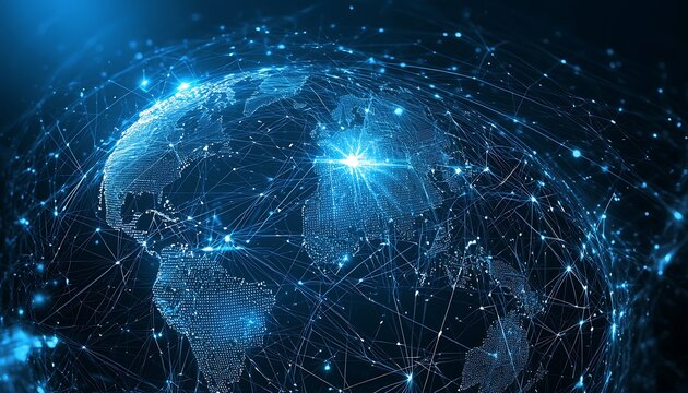 Blue global transportation technology interface, illustrating innovative tech solutions for modern transportation networks