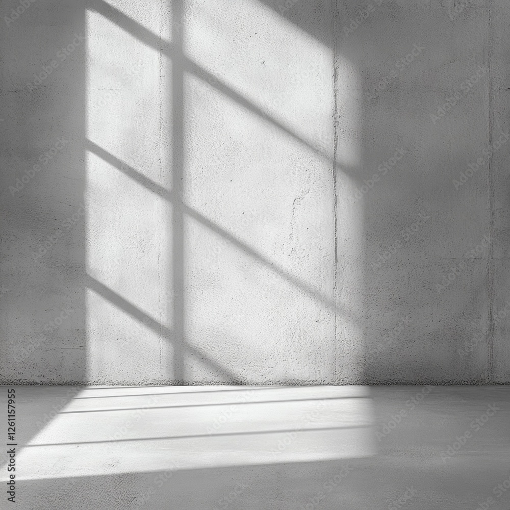 Poster light streams through window panes, casting intricate shadows on the cold cement wall, creating a st