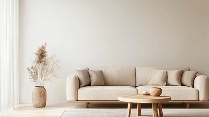 Fototapeta premium Scandinavian-inspired living room with neutral colors, clean lines, and wooden furniture, copy space