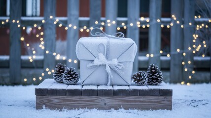 A beautifully wrapped white gift box adorned with a ribbon sits on a wooden platform, surrounded by frosted pine cones against a wintery backdrop with fairy lights.