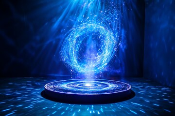 Blue hologram portal with a sci-fi teleport effect, glowing magic circles, and futuristic light design