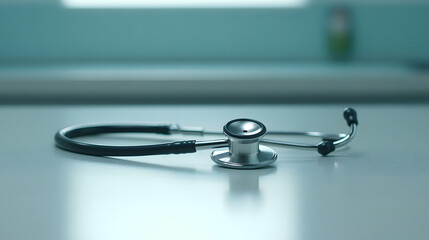 Stethoscope resting on a table. A medical tool used by doctors and healthcare professionals for diagnosis and treatment. Essential equipment for patient care.