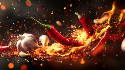 Hot chili pepper and garlic on fire background. Flying and burning vegetables on dark background. Red chili pepper splashing, garlic, Vector realistic in 3D illustration.