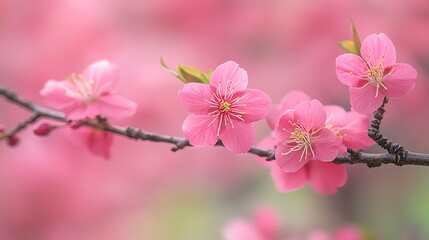 Fototapeta premium Pink cherry blossoms branch, spring garden, soft focus background, nature beauty