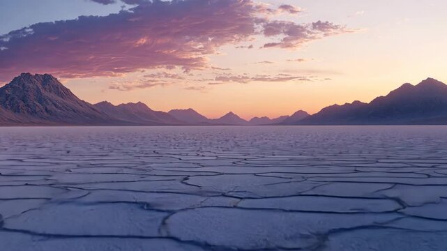 Expansive salt flats at sunset with rugged mountains in the background and colorful clouds above