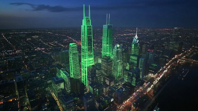 CGI scene of 3D model of Center City Philadelphia Skyline high rises. To celebrate Philadelphia Eagles trip to 2025 Super Bowl LIX buildings glow in vibrant Kelly and Midnight Green. 
