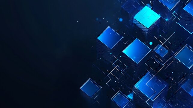 Blue overlapping pixels and geometric motion on a dark background, illustrating speed and simplicity in modern technology