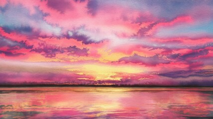 A vibrant watercolor sunset over a calm body of water, featuring swirling pink, purple, and orange hues reflecting off the surface.