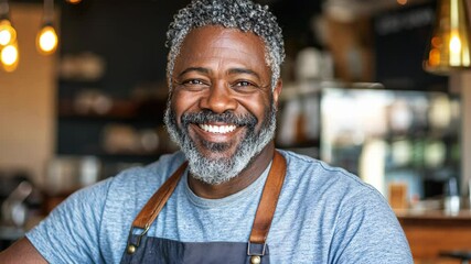 Smiling man in an apron stands proudly in a cozy cafe, showcasing warmth and hospitality in a vibrant setting