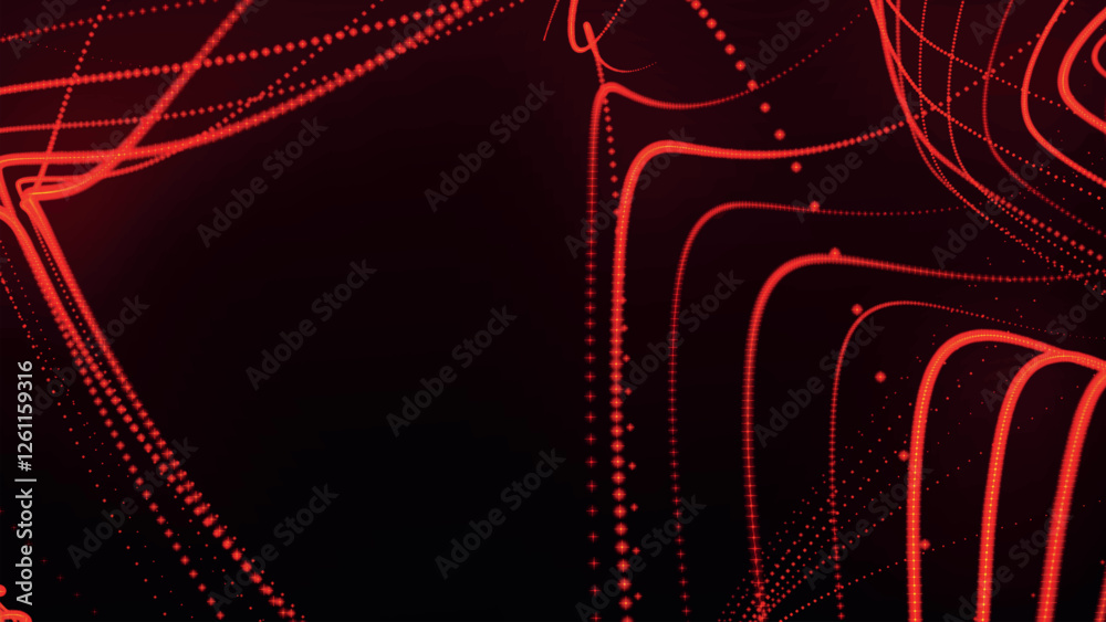 Poster dynamic wave of glowing particles. abstract dotted lines on dark background. chaotic colored lines. 