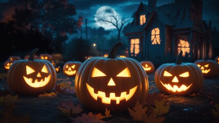Spooky Halloween scene featuring glowing pumpkins with carved faces under a full moon, surrounded by autumn leaves and an eerie old house.