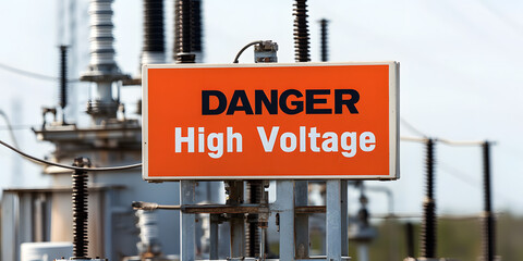 Danger: High Voltage Sign at Electric Power Substation. Safety First! Notice of hazardous conditions to prevent accidents and injury. 