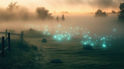 A mystical landscape at dawn, shrouded in mist, with glowing blue orbs illuminating the grassy field, creating an enchanting atmosphere.