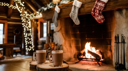 Obraz premium Two cozy mugs of hot chocolate sit on a rustic wooden table by a warm fireplace adorned with festive stockings, evoking a joyful holiday atmosphere.