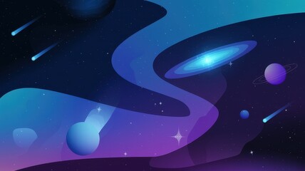 A vibrant illustration of a cosmic scene featuring planets, stars, and swirling nebulae in shades of blue and purple.