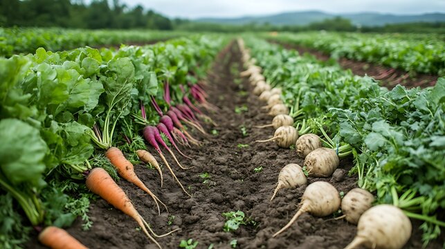 Colorful root vegetables growing in a farm field