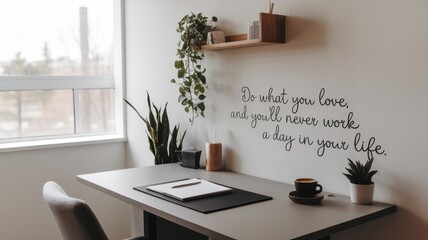 A serene home office setup featuring a modern desk, plants, and an inspiring quote on the wall, creating a motivating work environment.