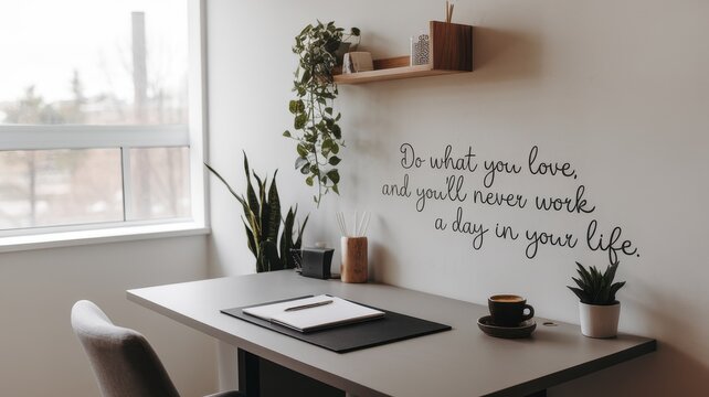 A serene home office setup featuring a modern desk, plants, and an inspiring quote on the wall, creating a motivating work environment.