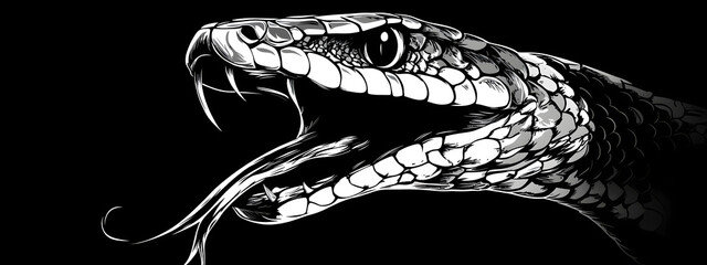 Obraz premium Black and white snake head with open mouth, vector style 