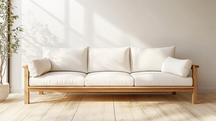 Scandinavian-inspired living room with neutral colors, clean lines, and wooden furniture, copy space