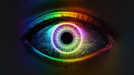 A close-up of a human eye with vibrant rainbow colors and digital circuit patterns, representing innovation and vision in technology.