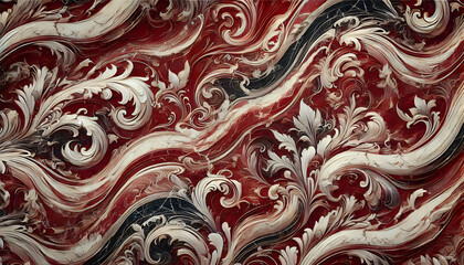 Abstract swirling patterns with red and ivory tones, blending floral and ornamental design elements in a bold, luxurious style.
