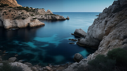 Paysage de soir&eacute;e au bord de la mer. Ciel bleu avec coucher de soleil. C&ocirc;te, paysage, rivage, plage. Mer, oc&eacute;an, eau bleue. Pour conception et cr&eacute;ation graphique.