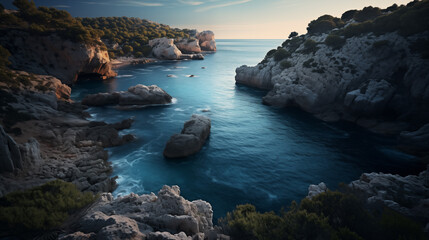 Paysage de soir&eacute;e au bord de la mer. Ciel bleu avec coucher de soleil. C&ocirc;te, paysage, rivage, plage. Mer, oc&eacute;an, eau bleue. Pour conception et cr&eacute;ation graphique.