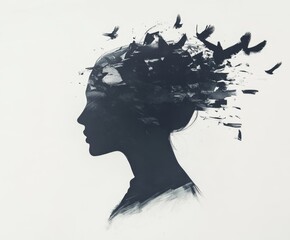 The Ethereal Flight of Mind: A Silhouette of a Woman Transformed by Birds