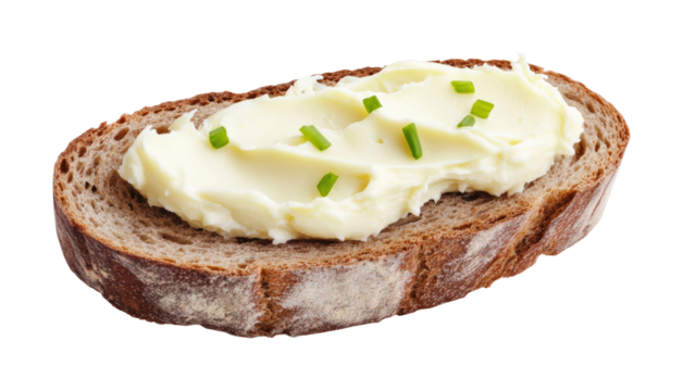 Spreading creamy butter on fresh bread slice isolated on transparent background