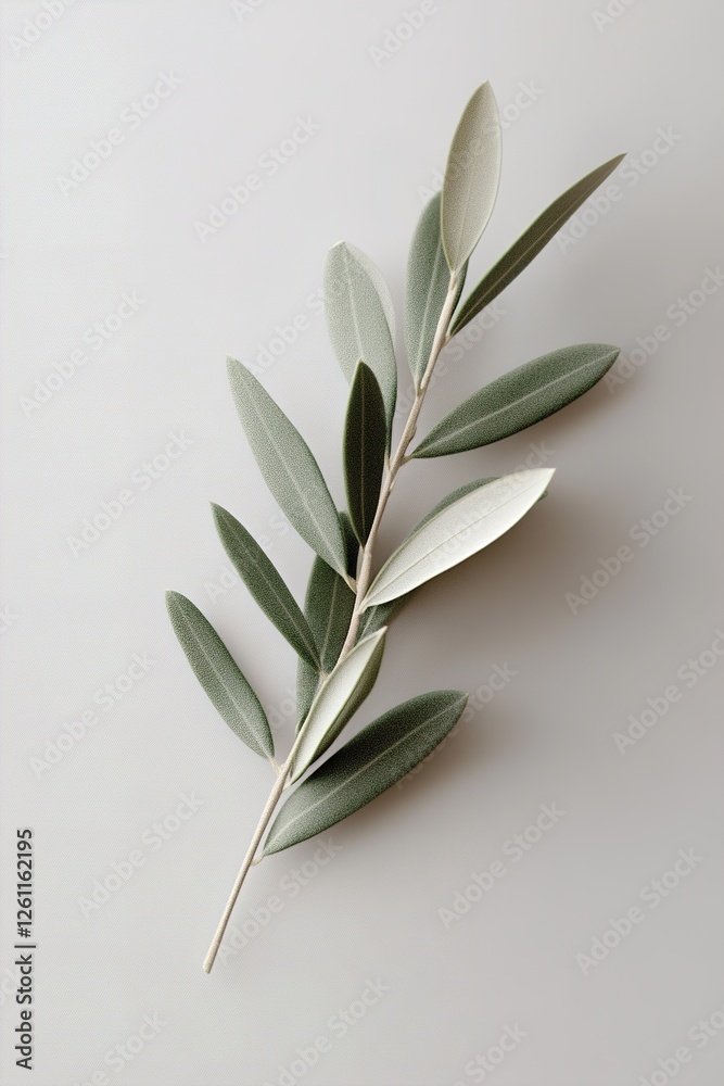 Poster A single olive branch rests on a matte white background, highlighting soft-focus blurred edges. This composition embodies high-end botanical minimalism with fine details