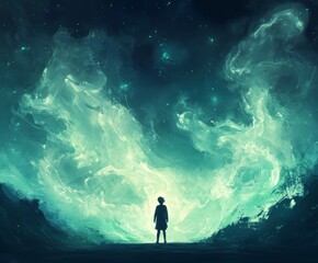 Solitary Figure Before Celestial Nebula: A Dreamlike Encounter